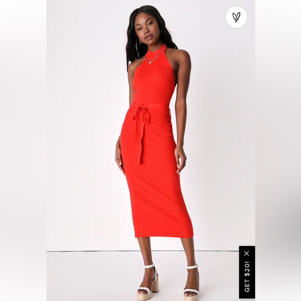 Lulu’s NWT flirty sunshine red ribbed midi sweater dress. Size M.